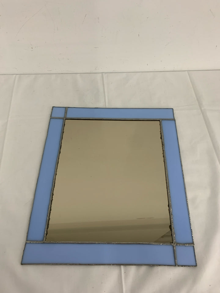 BLUE STAINED GLASS FRAMED MIRROR WALL HANGING.