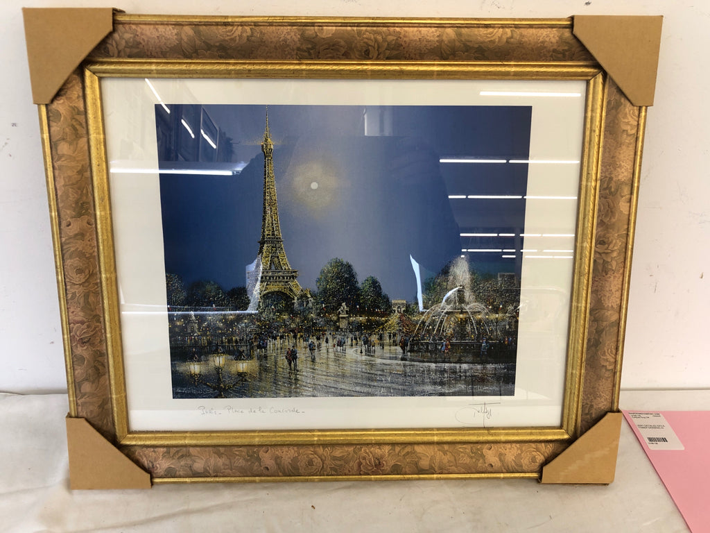 EIFFEL TOWER DRAWING- PARIS, PLACE DE LA CONCORDE IN GOLD FRAME- SIGNED.