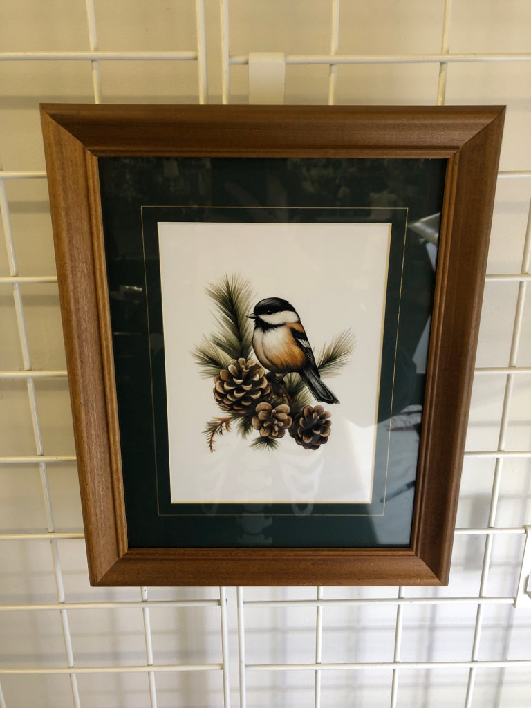 FRAMED BIRD ON PINECONES PRINT.