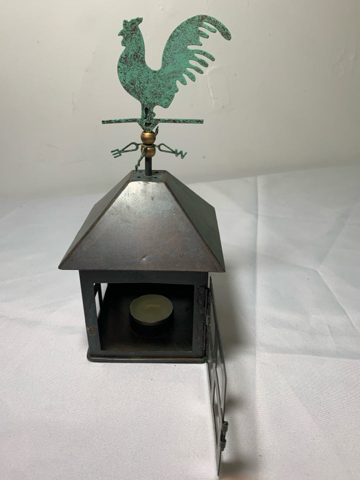 RUSTIC METAL TEA LIGHT HOLDER W ROOSTER WEATHER VANE.