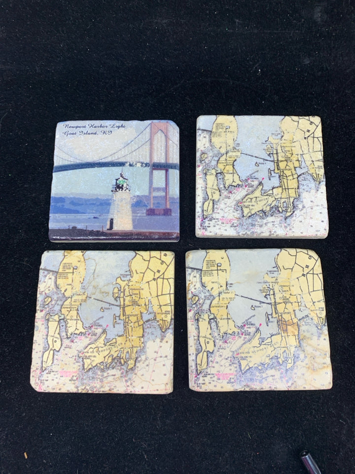 4 ROAD ISLAND THEME STONE SQUARE COASTERS.