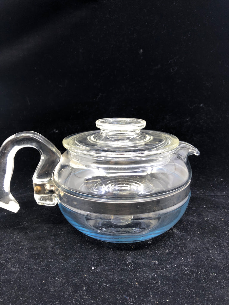 VTG FLAMEWARE 6 CUP GLASS TEAPOT W METAL BAND #8336.