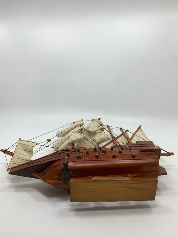 SAN FRANCISCO MODEL WOOD SHIP W/FABRIC SAILS.