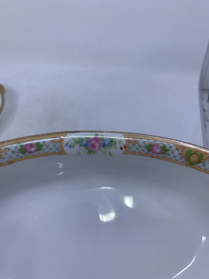 OVAL WHITE DISH W/ LIFTED EDGES PINK ROSES/GOLD RIM.