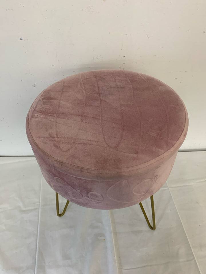 SMALL PINK FABRIC 3 LEGGED STOOL W STORAGE.