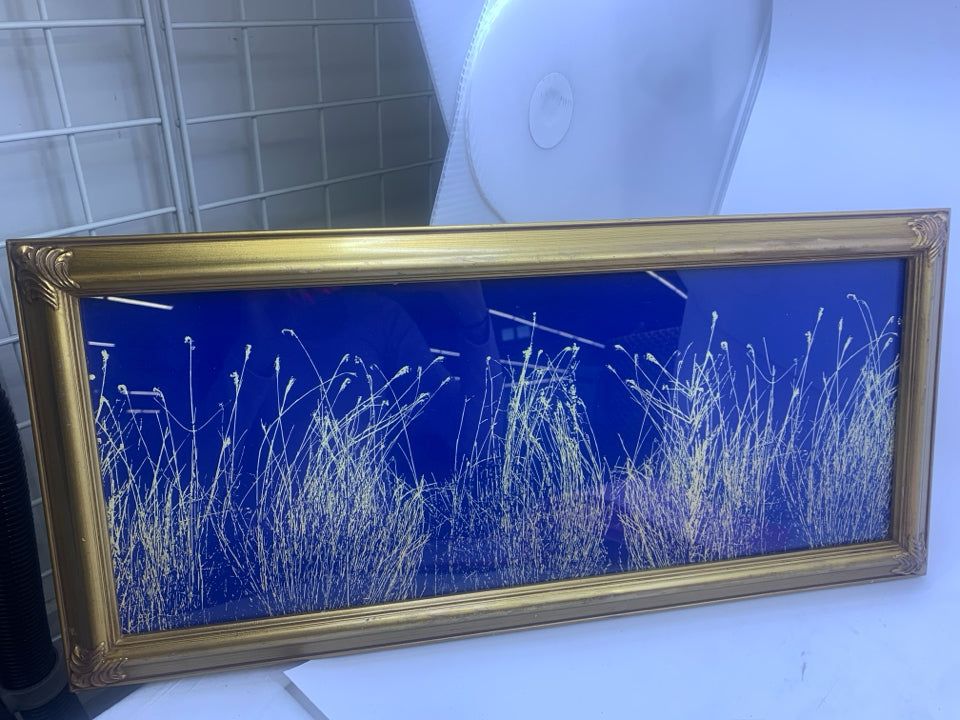BLUE AND GOLD GRASS PATTERN WALL ART.