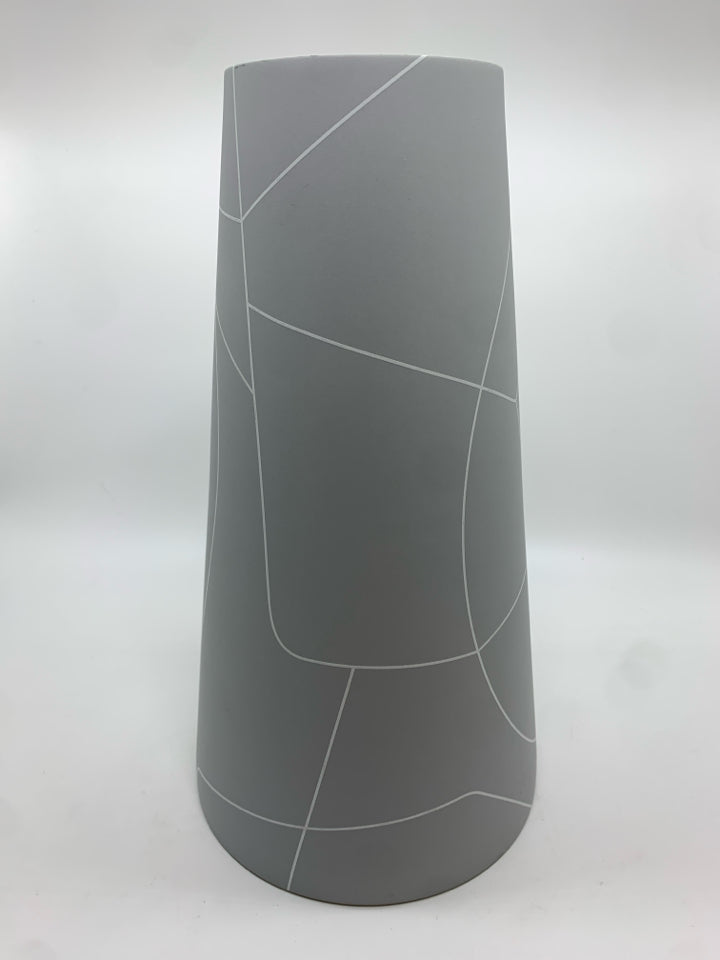 MIDDLE KINGDOM GREY CERAMIC VASE W/WHITE LINES.