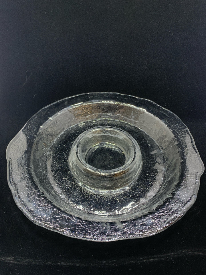 CLEAR GLASS BUBBLE CHIP AND DIP BOWL.