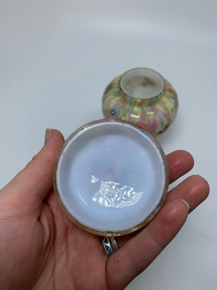 MULTI COLORED SMALL GLASS GINGER JAR W/ PAINTED CLOVERS.