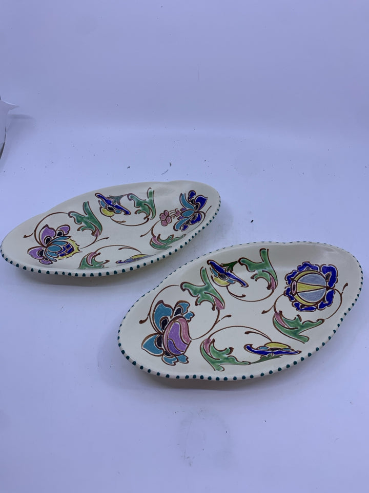 2 VTG CREAM COLORFUL OVAL BOWL- HONITON ENGLAND.