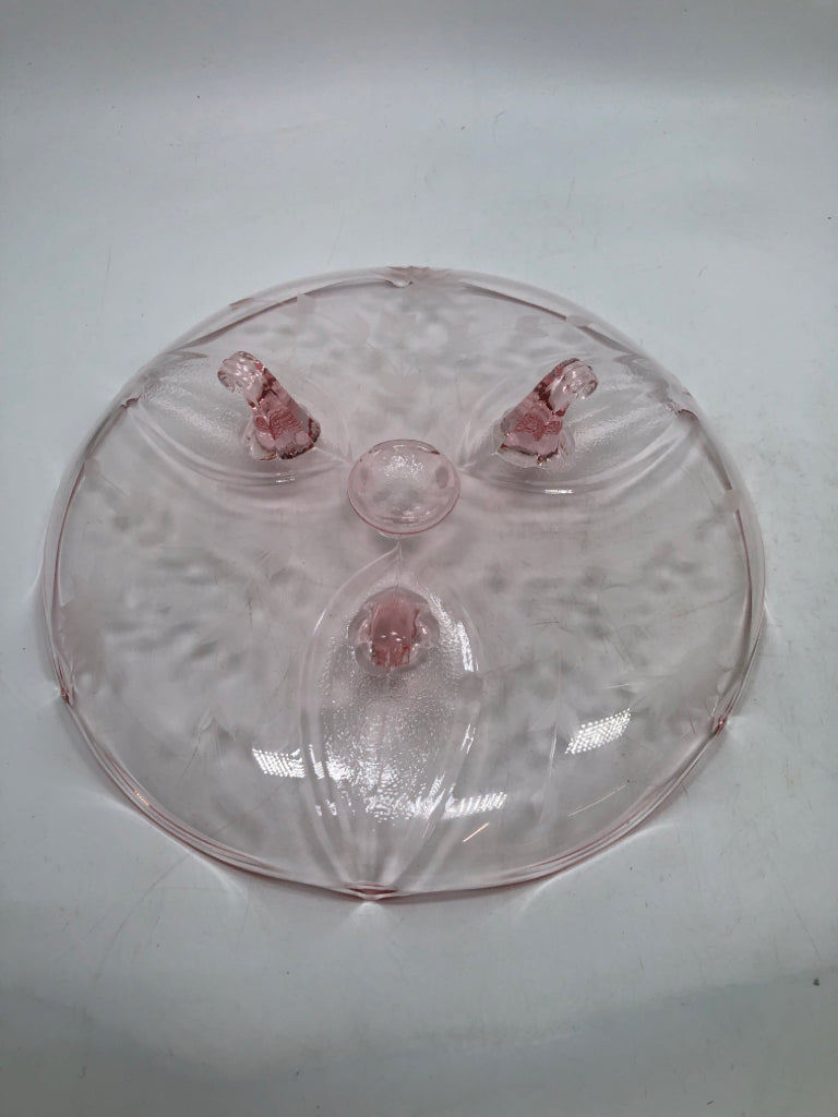VTG PINK DEPRESSION GLASS ETCHED TRAY.