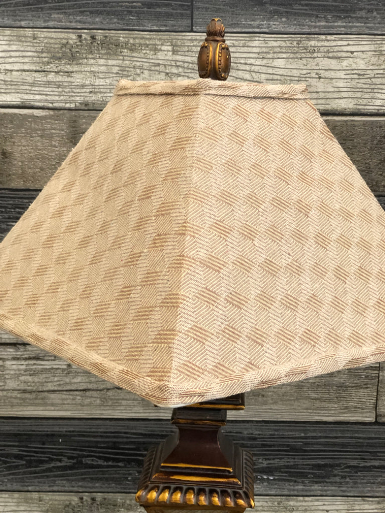 VTG SQUARE BASE LAMP W BROWN SQUARE SHADE.