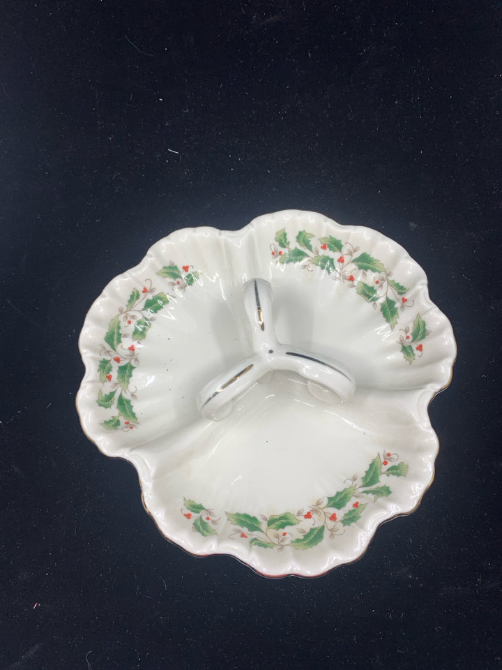 ROYAL LIMITED 3 SECTIONED HOLLY & BERRIES SERVER W HANDLE.