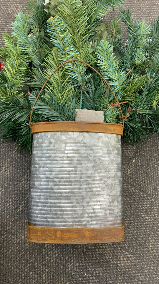 FAUX CANDLE GREENERY IN RUSTIC TIN.