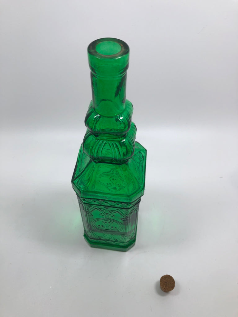 TALL EMERALD GLASS DECORATIVE BOTTLE W/CORK.