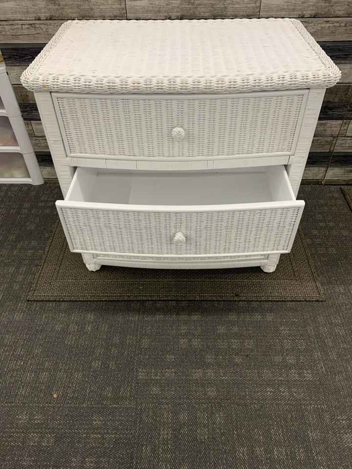 WHITE WICKER 3 DRAWER DRESSER.