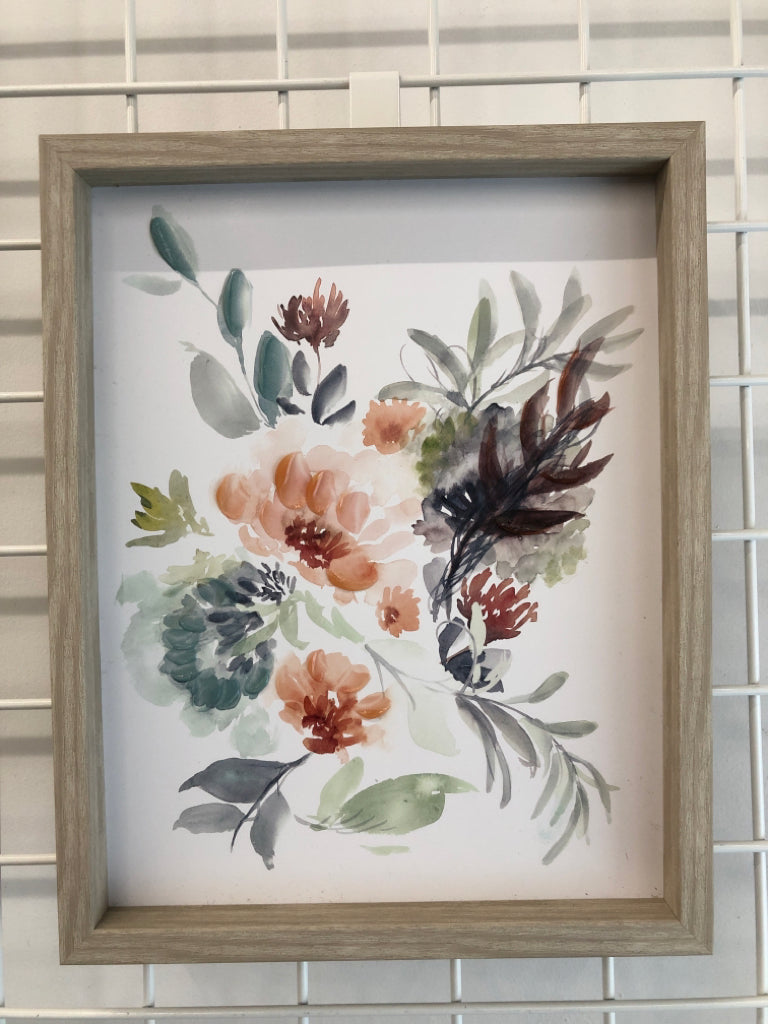WATER COLOR FLORAL WALL HANGING LIGHT WOOD FRAME.
