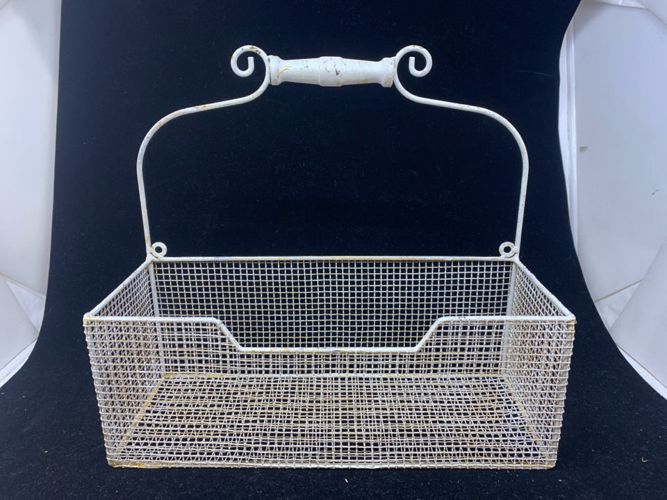 WHITE METAL WALL HANGING BASKET.