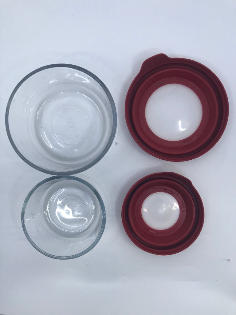 2 GLASS ANCHOR HOCKING CONTAINERS W RED LIDS.