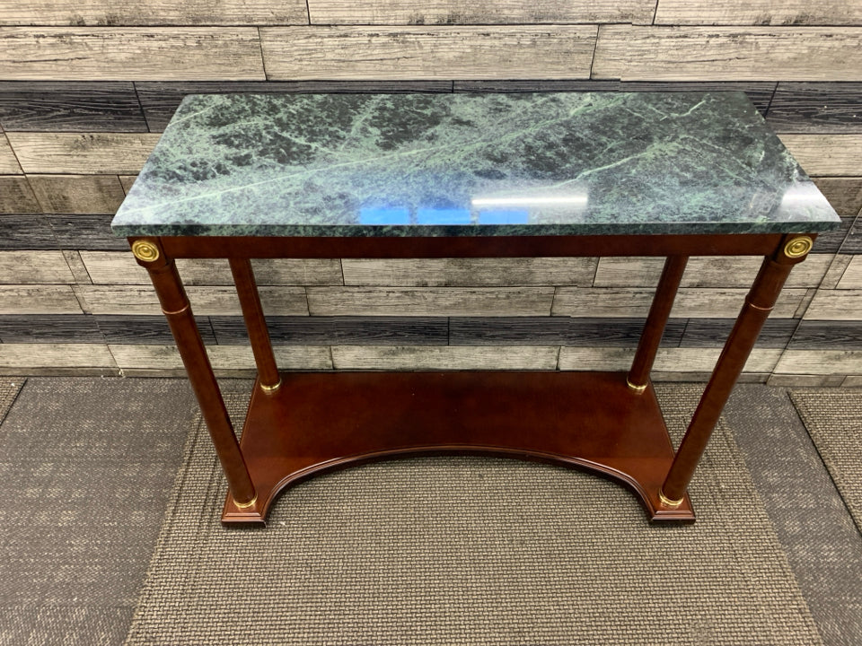 VTG DARK WOOD BOTTOM, DARK GREEN+BLACK MARBLE TOP CONSOLE TABLE.