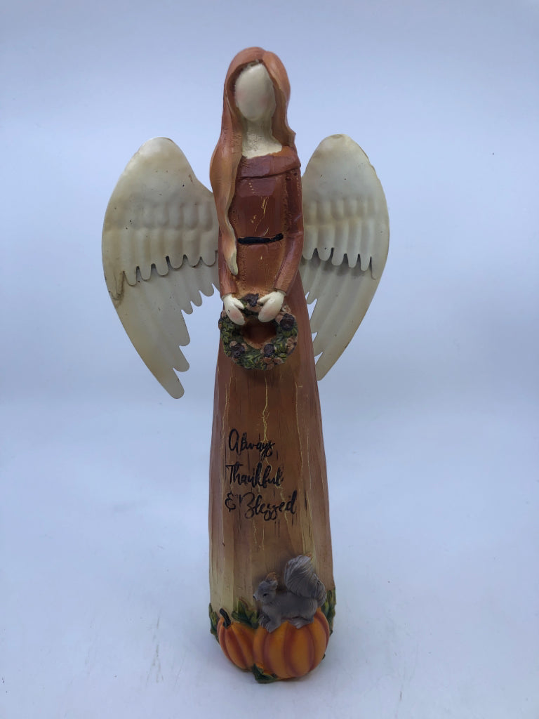 "THANKFUL & BLESSED" ANGEL WITH PUMPKIN & SQUIRREL.