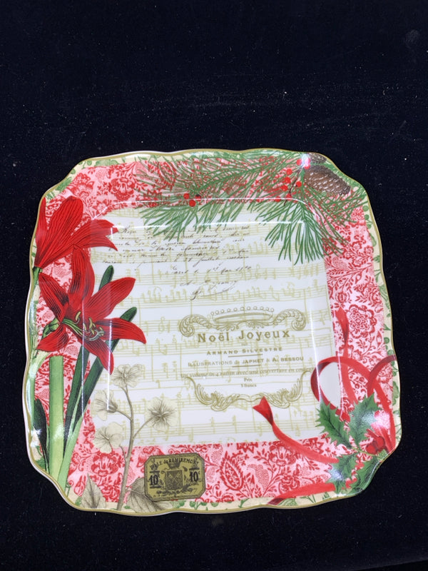 222 FIFTH HOLIDAY HOLLY POINSETTIA SQUARE PLATE.