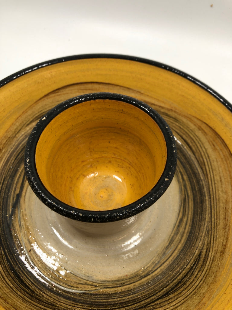 YELLOW/BROWN CERAMIC CHIP & DIP PLATTER.