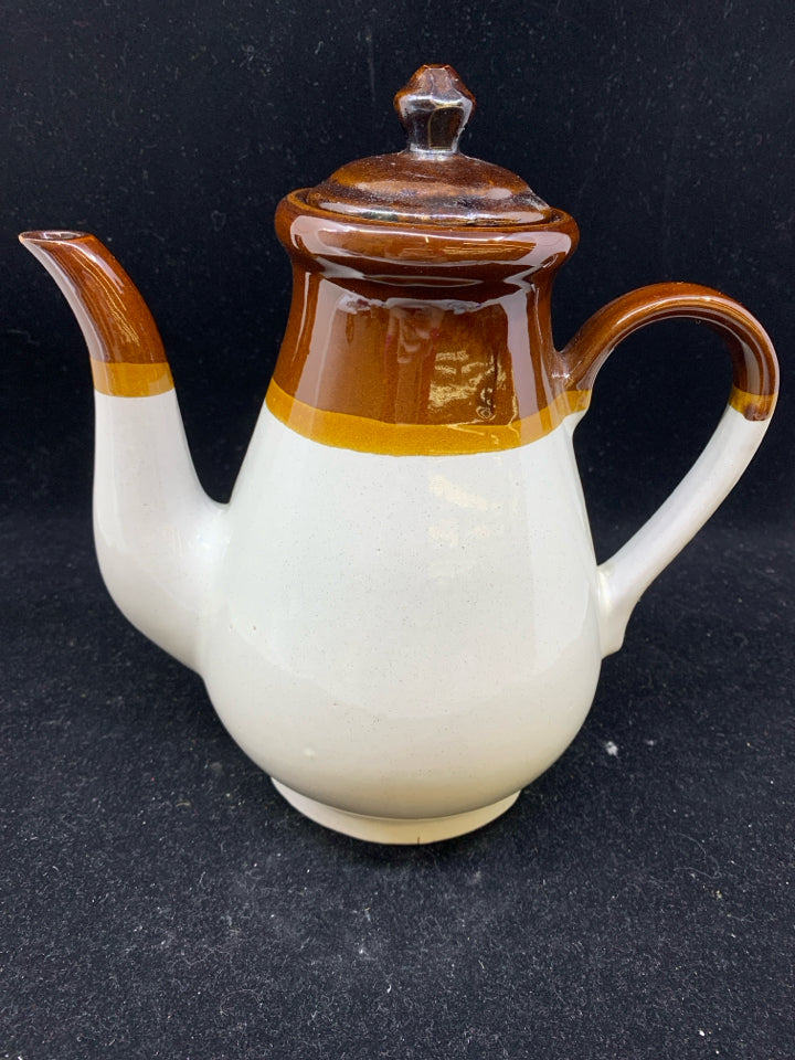 VTG PALE GREY COFFEE POT-W BROWN RIM.