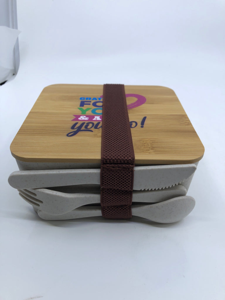 NEW FAUX WOOD FOOD CONTAINER W UTENSILS.