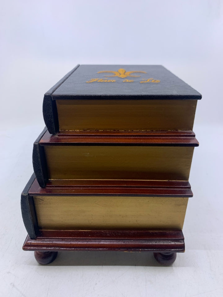 FOOTED 3 STACKED BOOKS W/ DRAWERS EMBROIDERED WORDS PARIS.