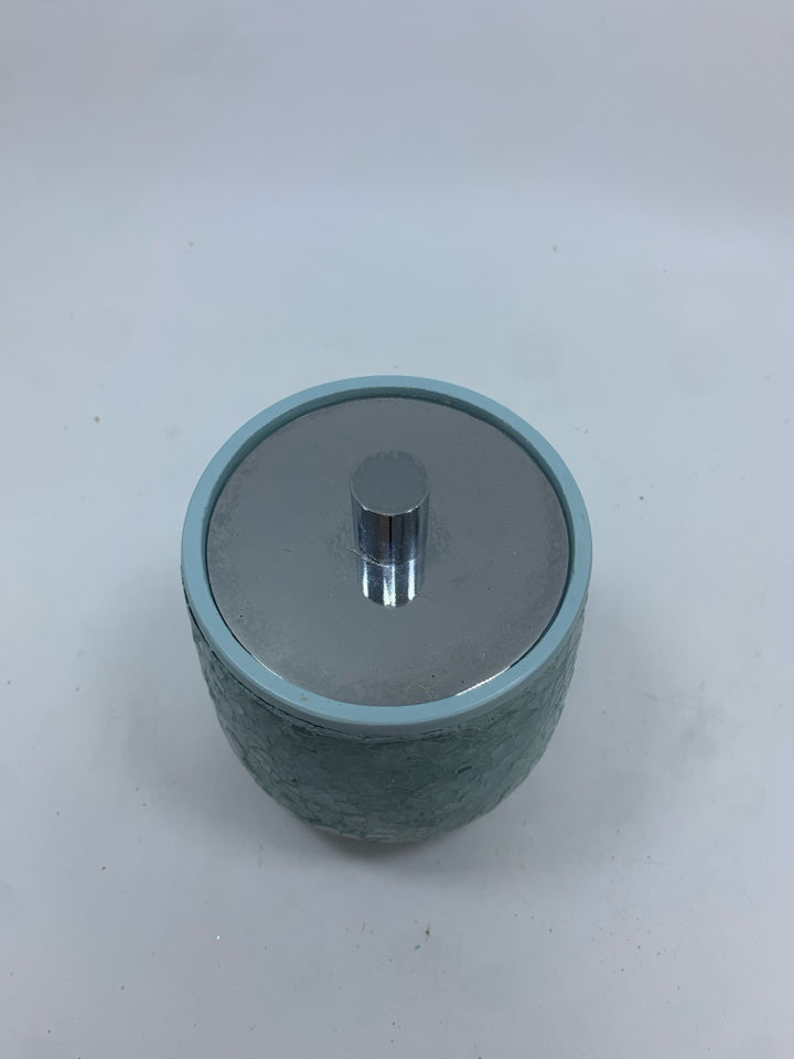 BLUE CRACKLE GLASS JAR W/METAL LID.