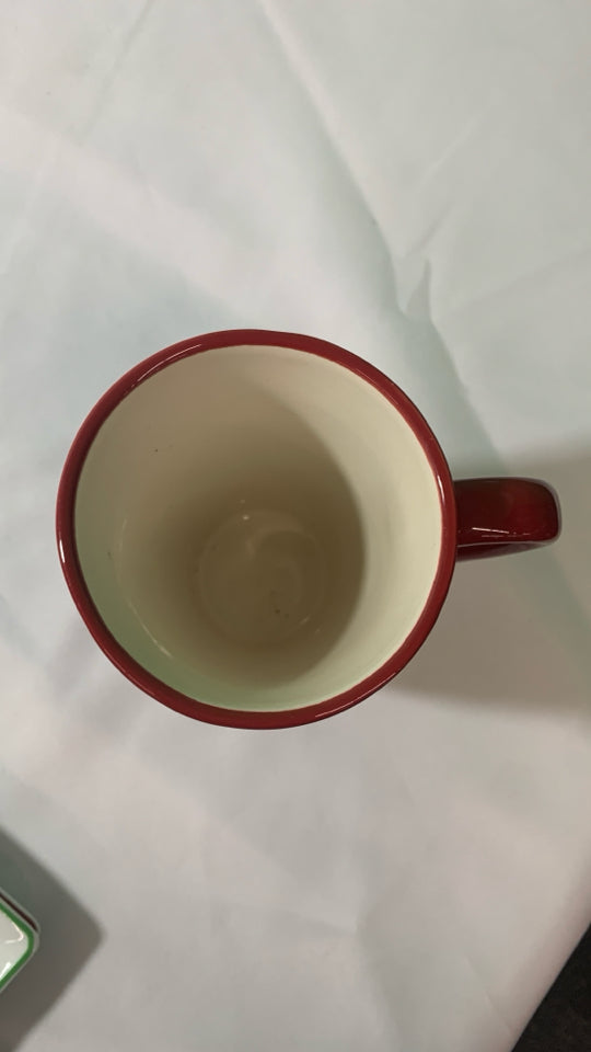 RED TALL MUG W/ EMBOSSED SNOWMAN.