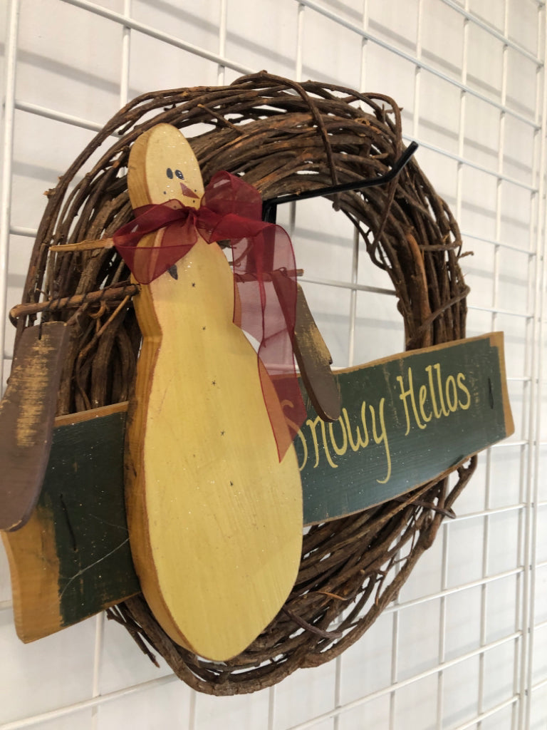 PRIMITIVE TWIG WREATH "SNOWY HELLOS" W/ SNOWMAN.