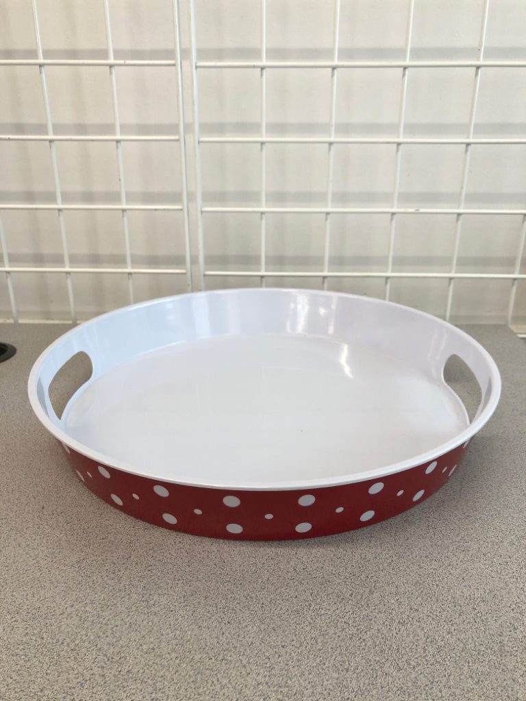 LARGE ROUND TRAY RED WHITE POLKA DOT MELAMINE.