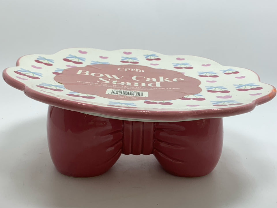PINK BOW CERAMIC CAKE STAND W/GLASS DOME.