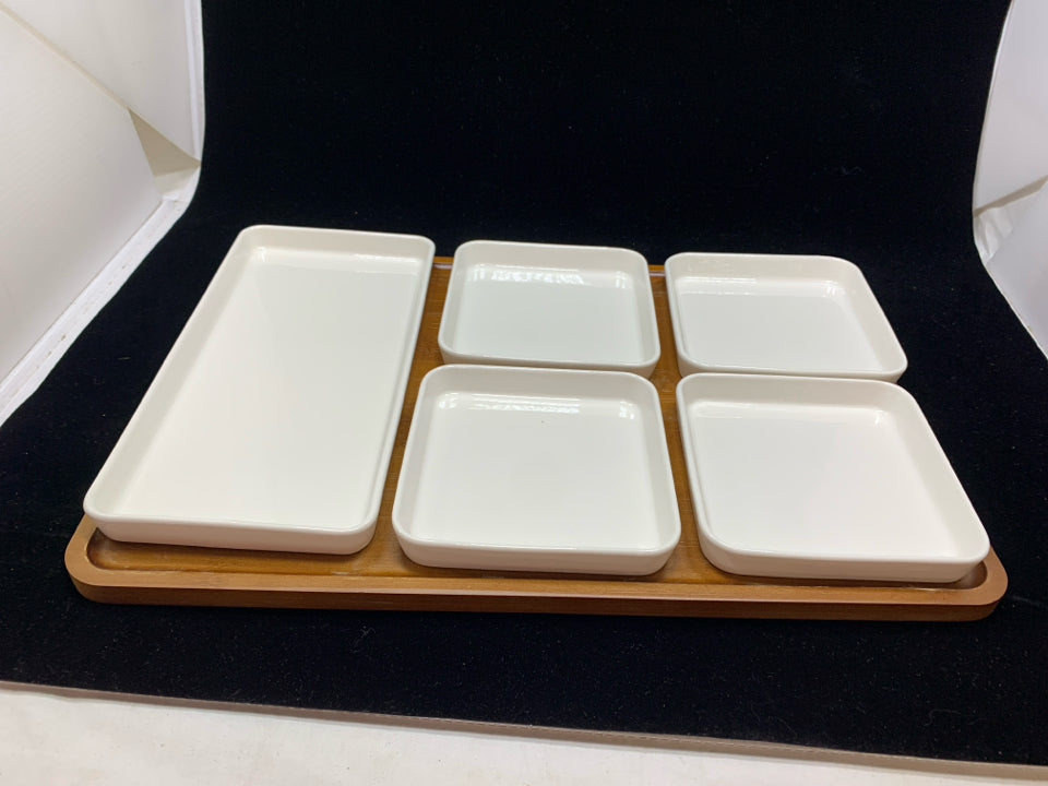 6PC WHITE APPETIZER SET W/BAMBOO TRAY IN BOX.