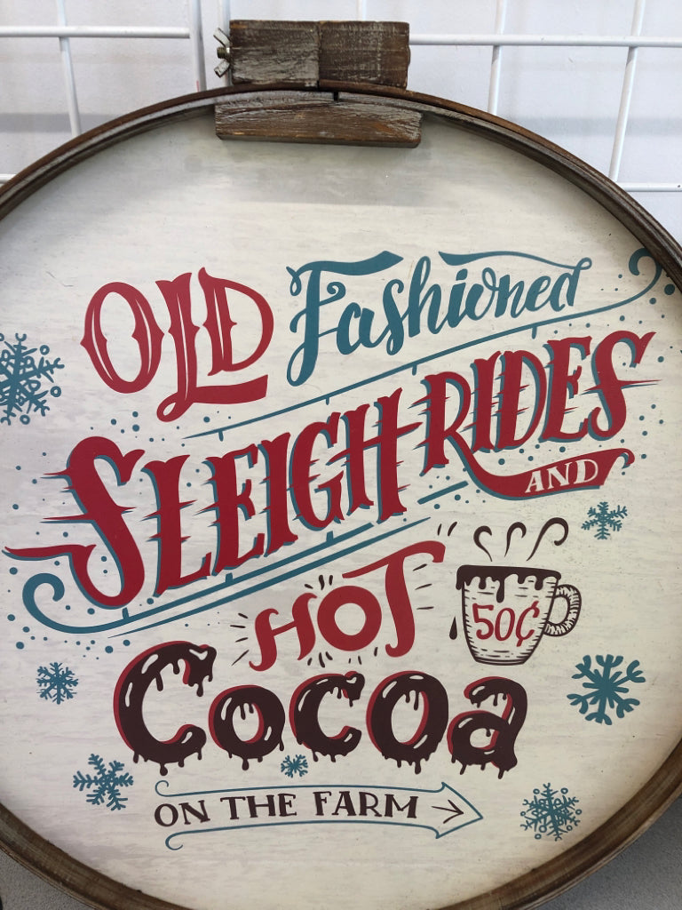 'OLD FASHION SLEIGH RIDES' ROUND WOOD WALL SIGN.