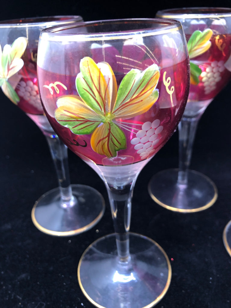4 CRANBERRY FLORAL PAINTED WINE GLASSES.