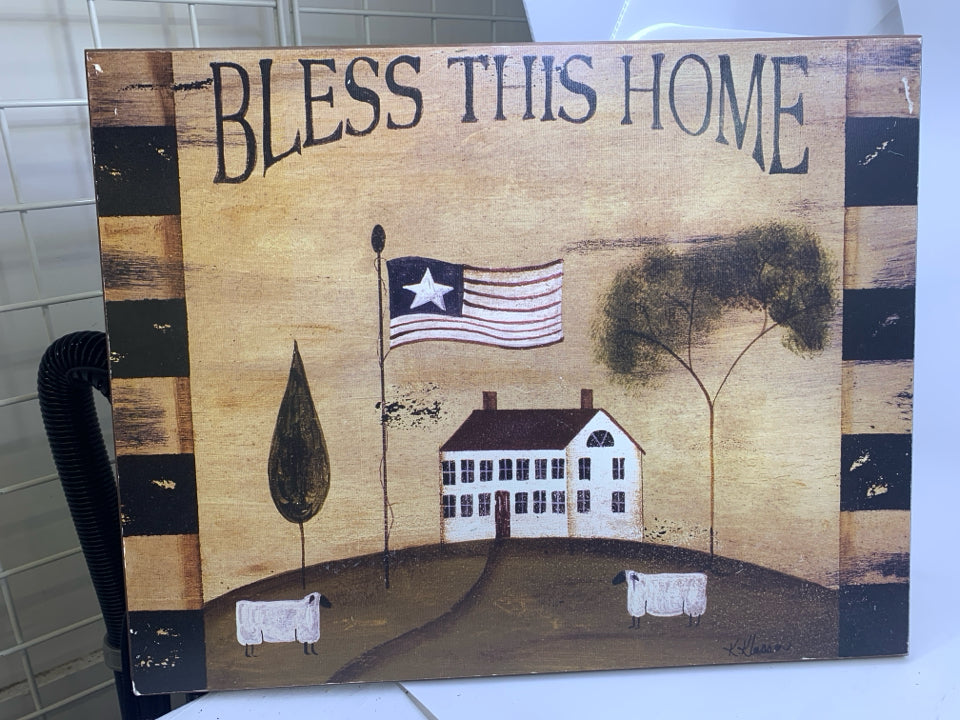 BLESS THIS HOME SHEEP, HOUSE PRIMITIVE PAINTED WOOD WALL ART.