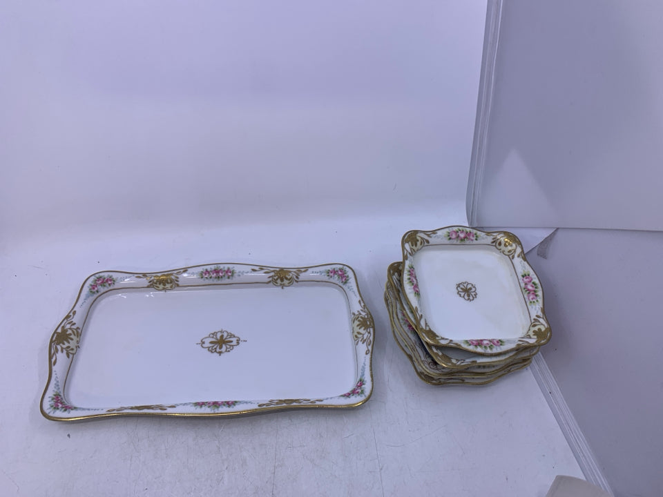 VTG 6 PC TRAY/PLATE SET WHITE W/ GOLD PINK FLOWERS.