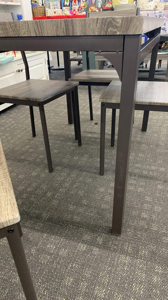 GREY AND METAL DINING TABLE W/4 CHAIRS.