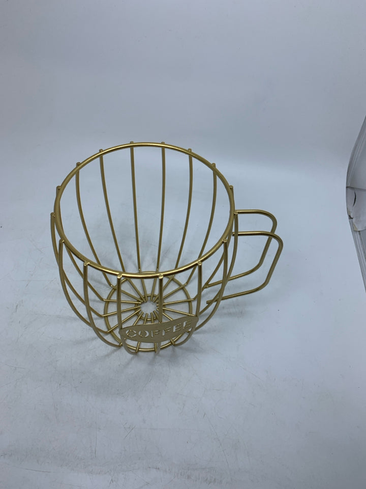 GOLD METAL COFFEE MUG K-CUP STORAGE CONTAINER.