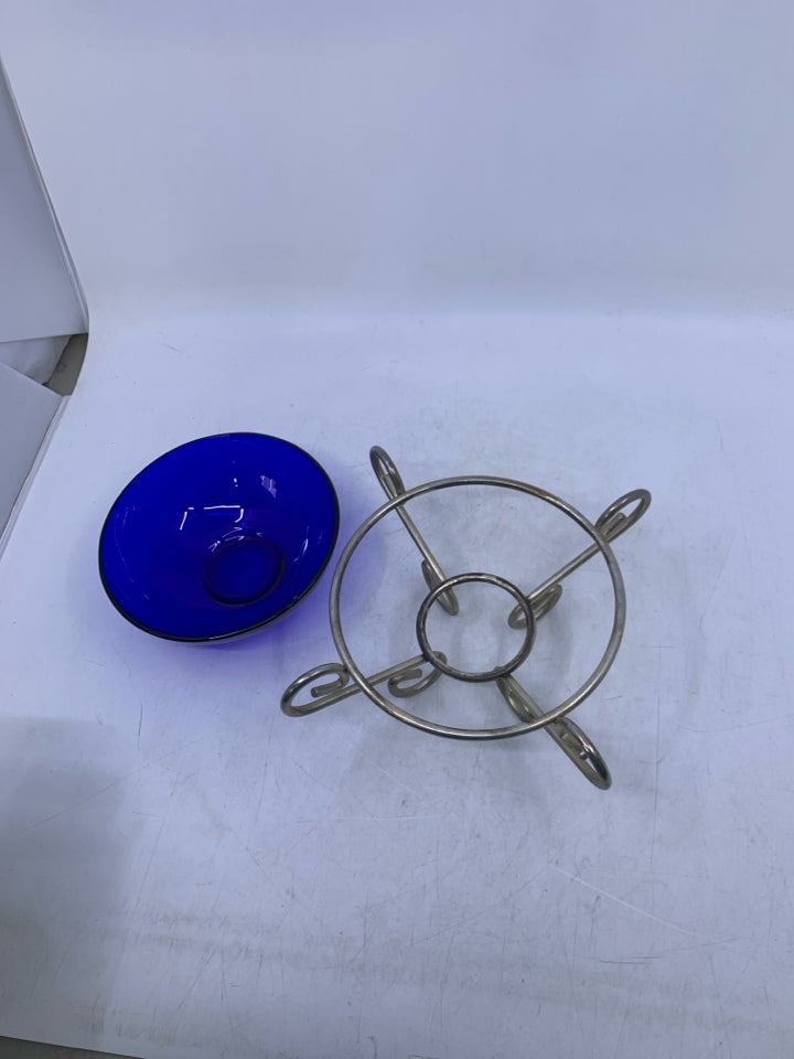 SILVER METAL FOOTED BASE W/ COBALT BLUE GLASS INSERT.