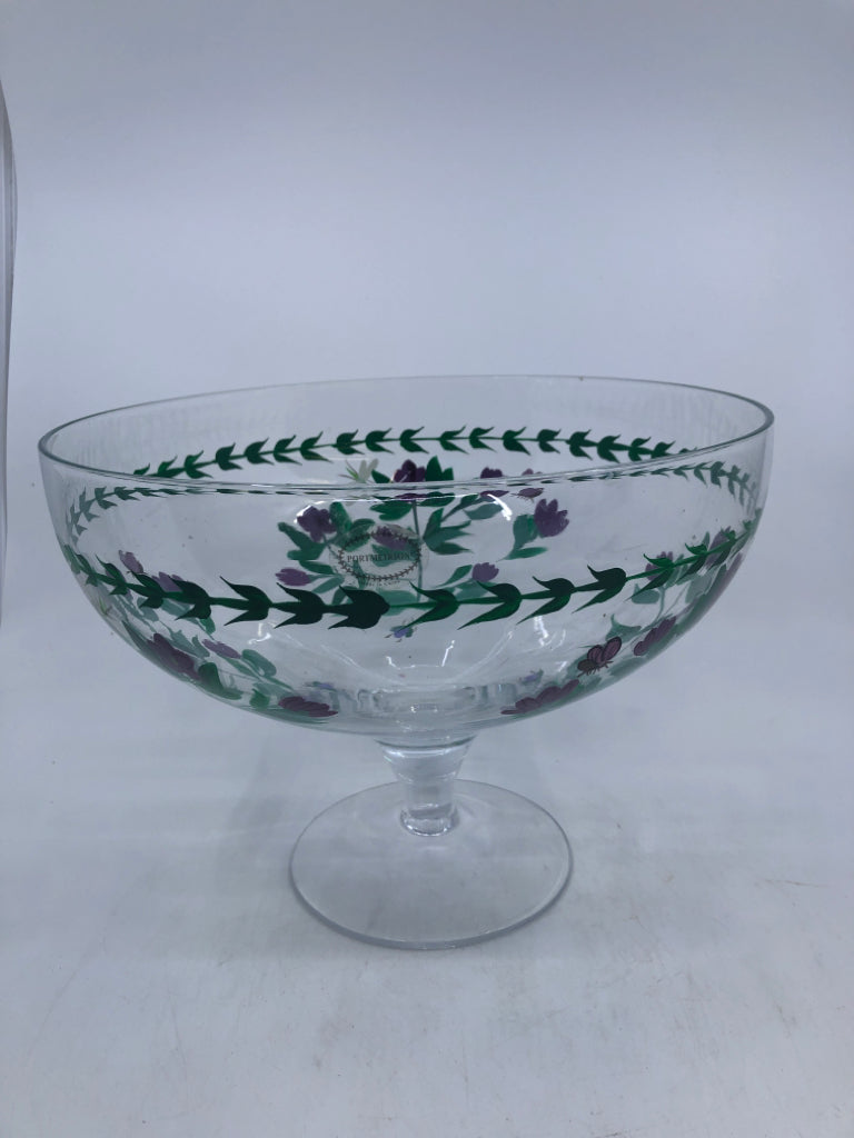 FOOTED SERVING BOWL W/ PAINTED PURPLE FLOWERS+DRAGONFLY.