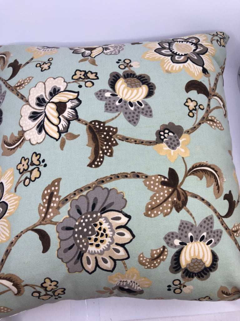 AQUA AND TAN FLOWERS PILLOW.