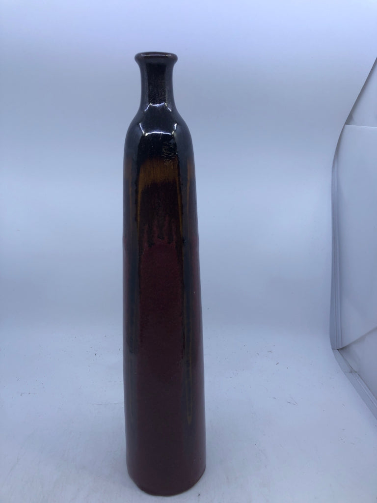 TALL BROWN GLAZED POTTERY VASE.