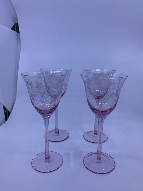 4 PINK ETCHED WINE GLASSES.