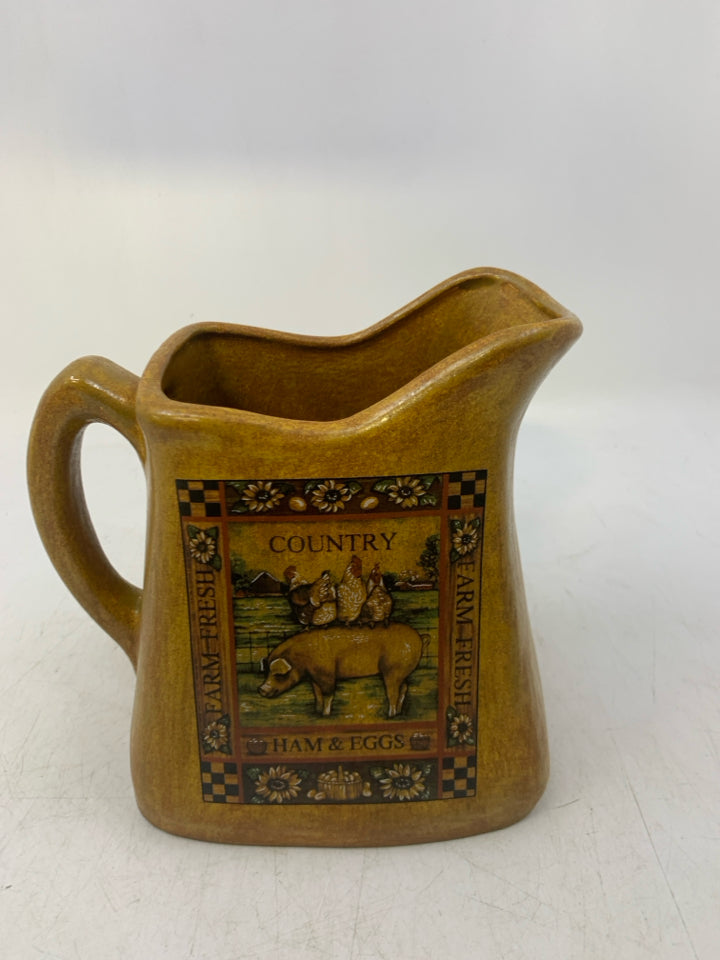 COUNTRY PIG + CHICKENS PITCHER VASE.