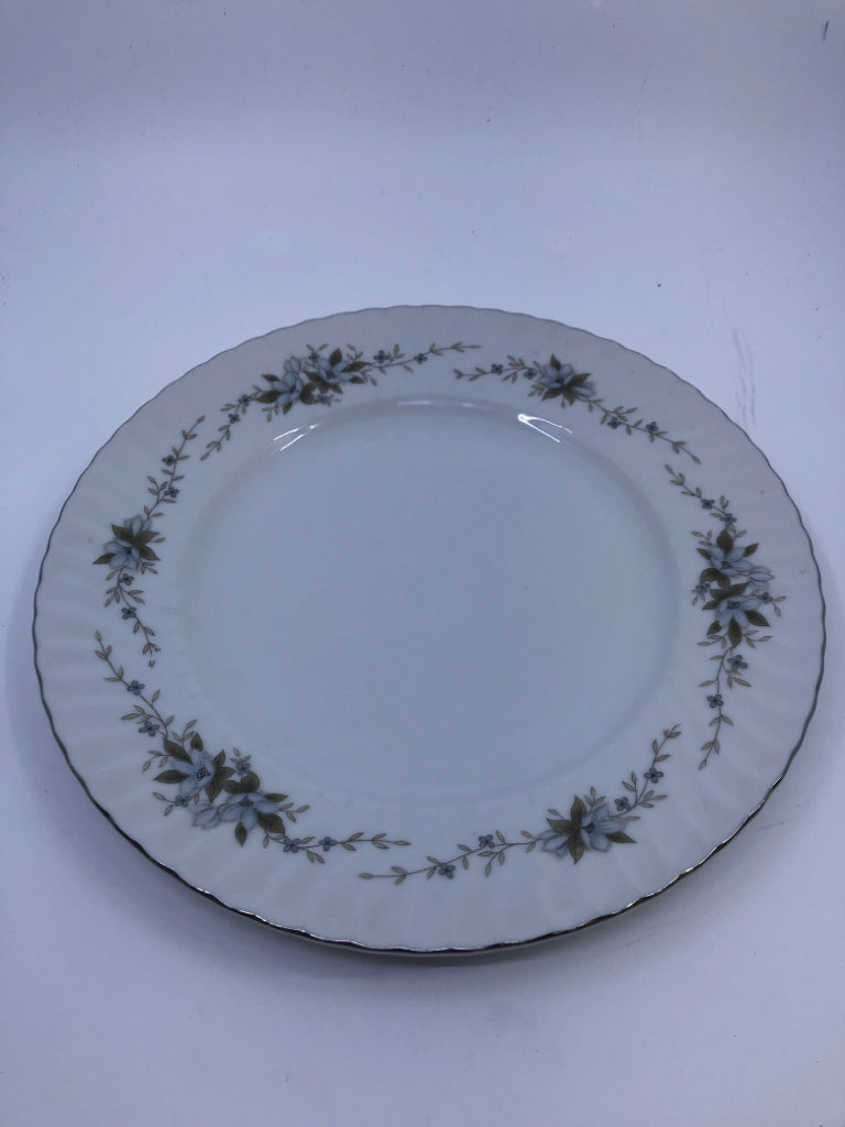 VTG WHITE PLATE SILVER EDGE BLUE FLOWERS.