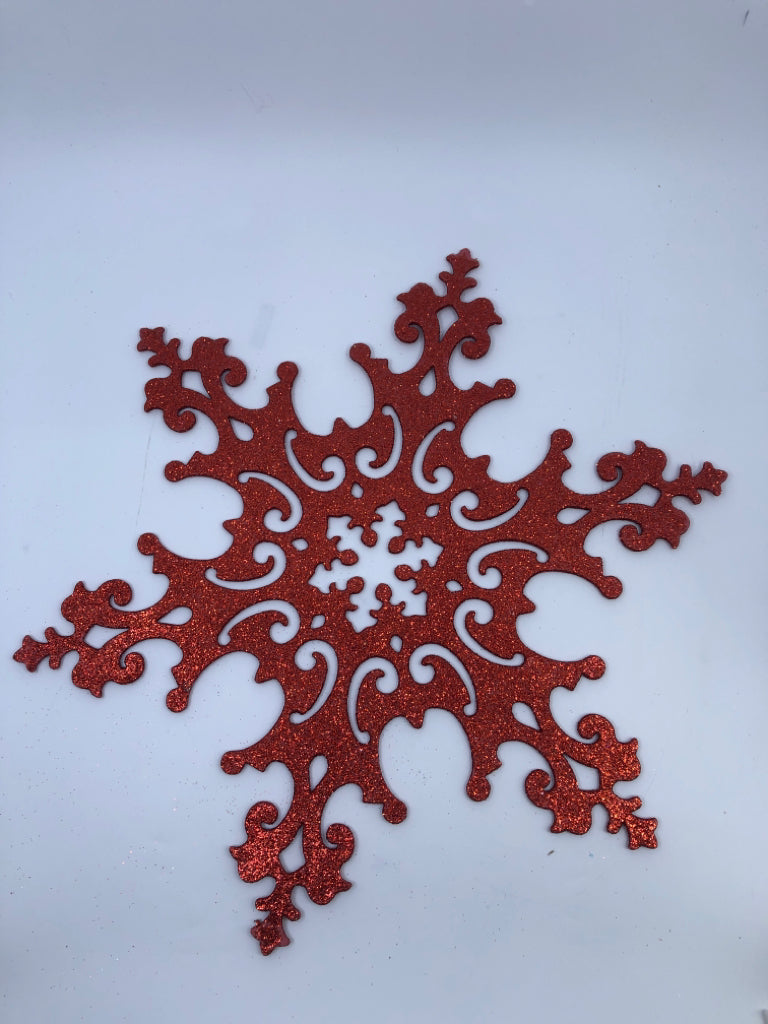 LARGE RED GLITTER SNOWFLAKE ORNAMENT.